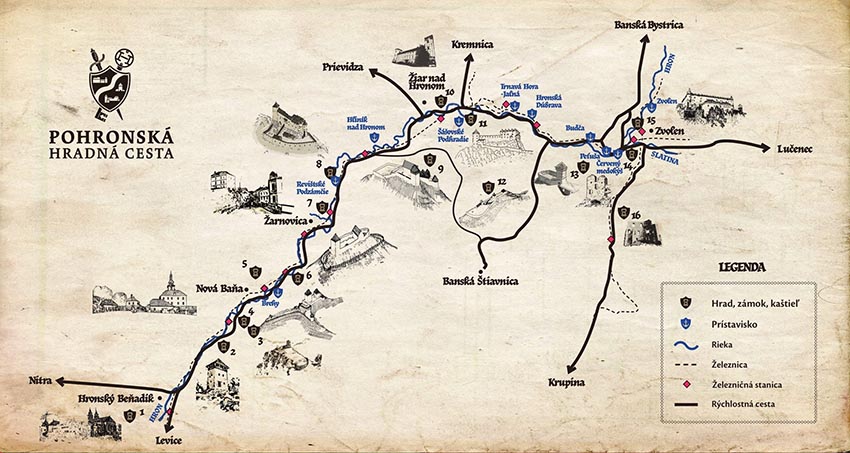 Mapka s náhľadom pohronskej cesty až so 16 hradmi na Slovensku